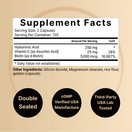 Tabla nutricional del suplemento NatureBell Ácido Hialurónico 240 cápsulas