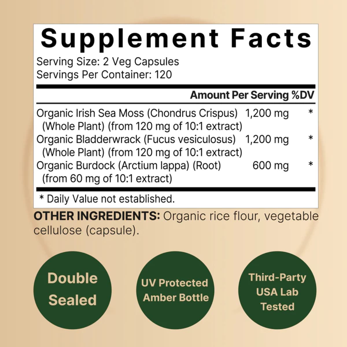 Tabla nutricional del suplemento NatureBell Alga Musgo de Irlanda 3000 mg 240 cápsulas veganas