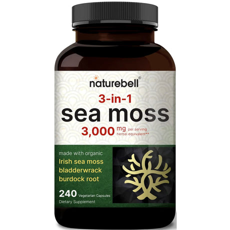 Frasco de suplemento NatureBell Alga Musgo de Irlanda 3000 mg 240 cápsulas veganas