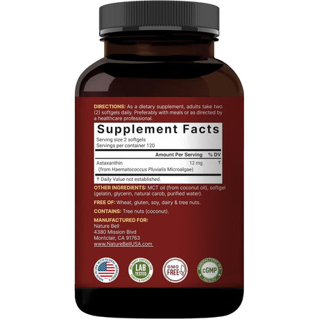 Información del suplemento de NatureBell astaxantina 12 mg, 240 cápsulas blandas