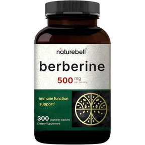 Frasco de suplemento NatureBell Berberina HCl 300 cápsulas vegetales