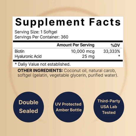 Tabla nutricional del suplemento Naturebell Biotina con Ácido Hialurónico 360 softgels