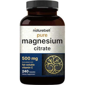 Frasco frontal de NatureBell citrato de magnesio 500 mg por porción con vitamina C, 240 cápsulas