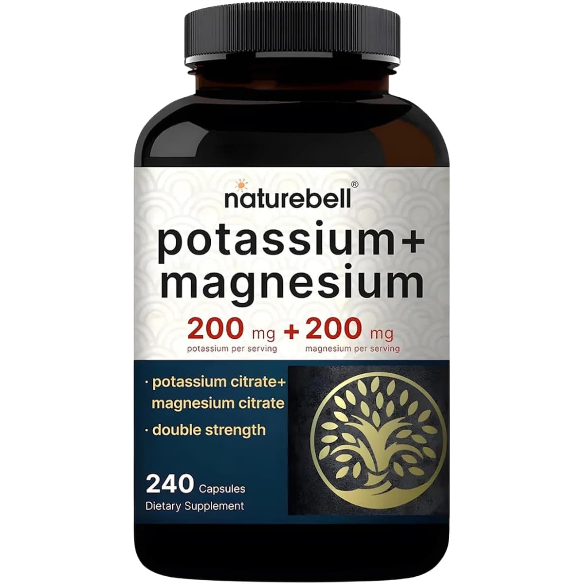 Frasco frontal de NatureBell Citrato de Potasio y Citrato de Magnesio, 200 mg de cada mineral por porción, 240 cápsulas