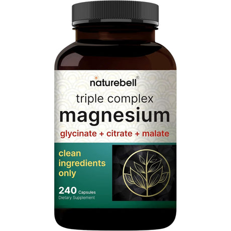 Frasco frontal de triple de magnesio en cápsulas de la marca NatureBell, presentación de 240 cápsulas