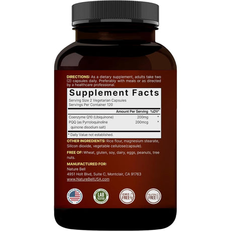 Tabla nutricional del suplemento NatureBell CoQ10 con PQQ 200 mg 240 cápsulas