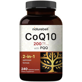 Frasco de suplemento NatureBell CoQ10 con PQQ 200 mg 240 cápsulas