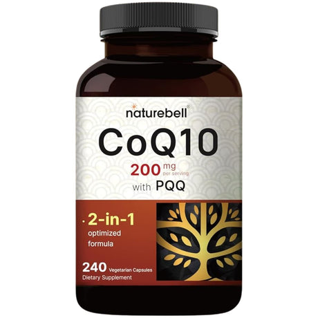 Frasco de suplemento NatureBell CoQ10 con PQQ 200 mg 240 cápsulas
