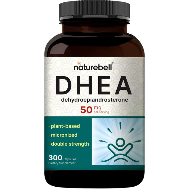 Frasco de suplemento Naturebell DHEA (Dehidroepiandrosterona) 50 mg 300 Cápsulas