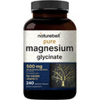 Frasco frontal de NatureBell glicinato de magnesio 500 mg con 90 mg de magnesio elemental por cápsula, 240 cápsulas