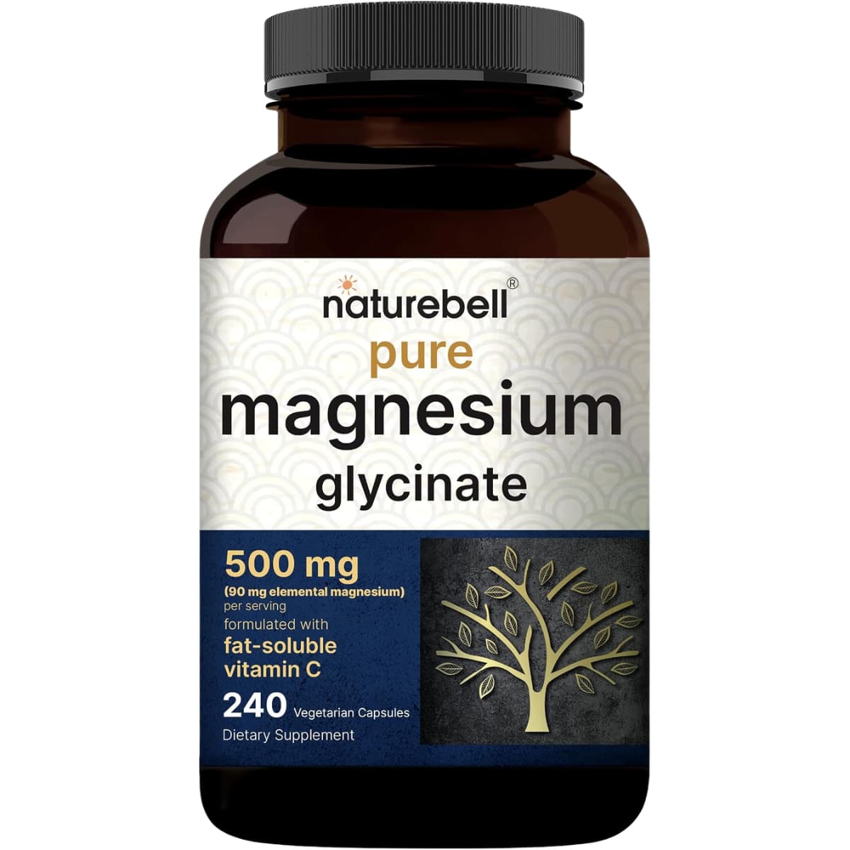 Frasco frontal de NatureBell glicinato de magnesio 500 mg con 90 mg de magnesio elemental por cápsula, 240 cápsulas