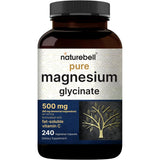 Frasco frontal de NatureBell glicinato de magnesio 500 mg con 90 mg de magnesio elemental por cápsula, 240 cápsulas