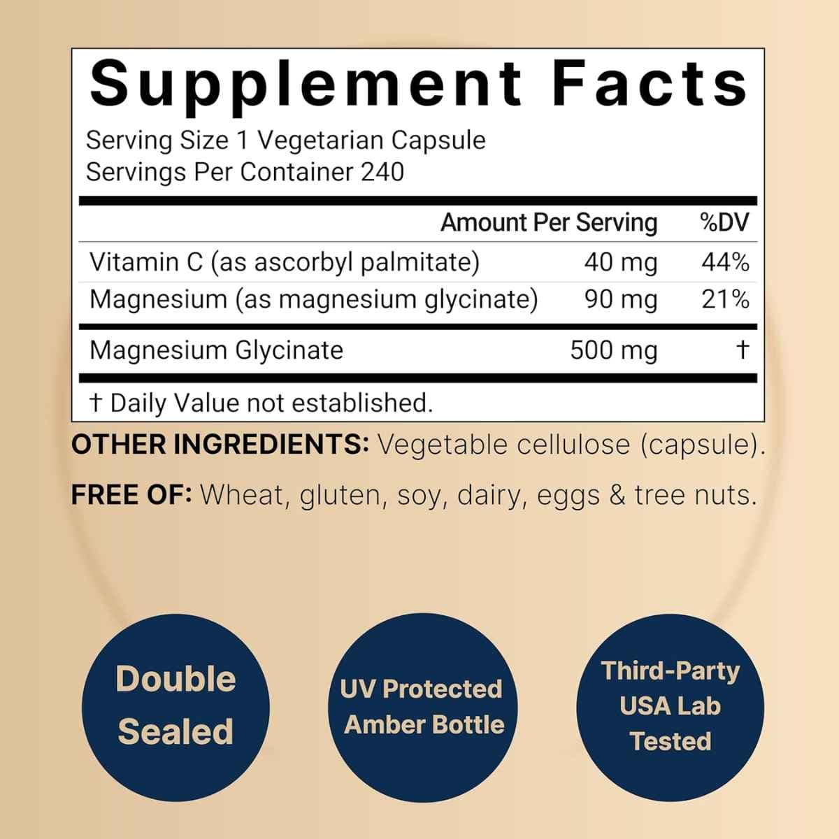 Tabla nutricional del suplemento NatureBell Glicinato de Magnesio 500 mg 240 cápsulas