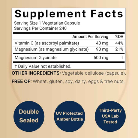 Tabla nutricional del suplemento NatureBell Glicinato de Magnesio 500 mg 240 cápsulas
