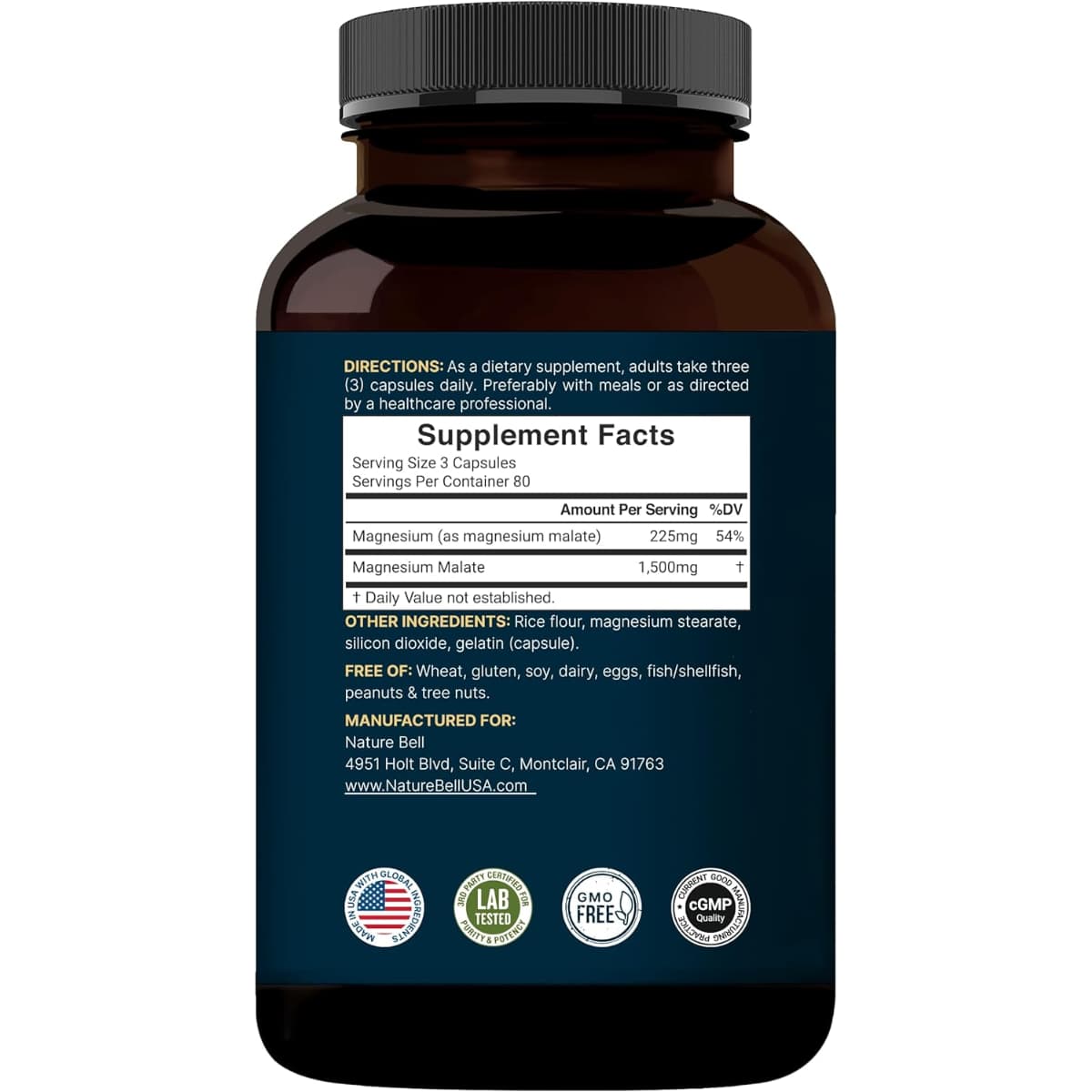Tabla nutricional del suplemento NatureBell Malato de Magnesio 240 cápsulas