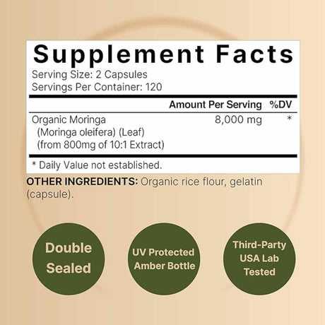 NatureBell Moringa - Detalles del producto: 240 cápsulas, 8000 mg por porción.