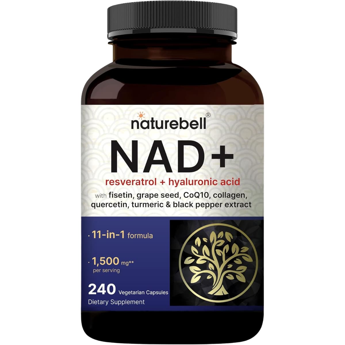 NatureBell NAD+ 1500 mg por porción, frasco de 240 cápsulas