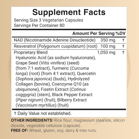 Información del suplemento NatureBell NAD+ 1500 mg por porción, 240 cápsulas