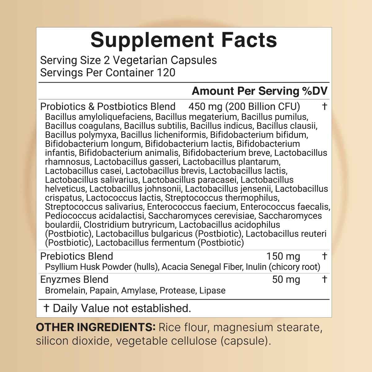 Tabla nutricional del suplemento NatureBell Probióticos 200 Mil Millones de UFC 240 cápsulas