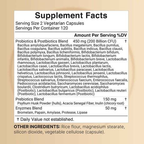 Tabla nutricional del suplemento NatureBell Probióticos 200 Mil Millones de UFC 240 cápsulas