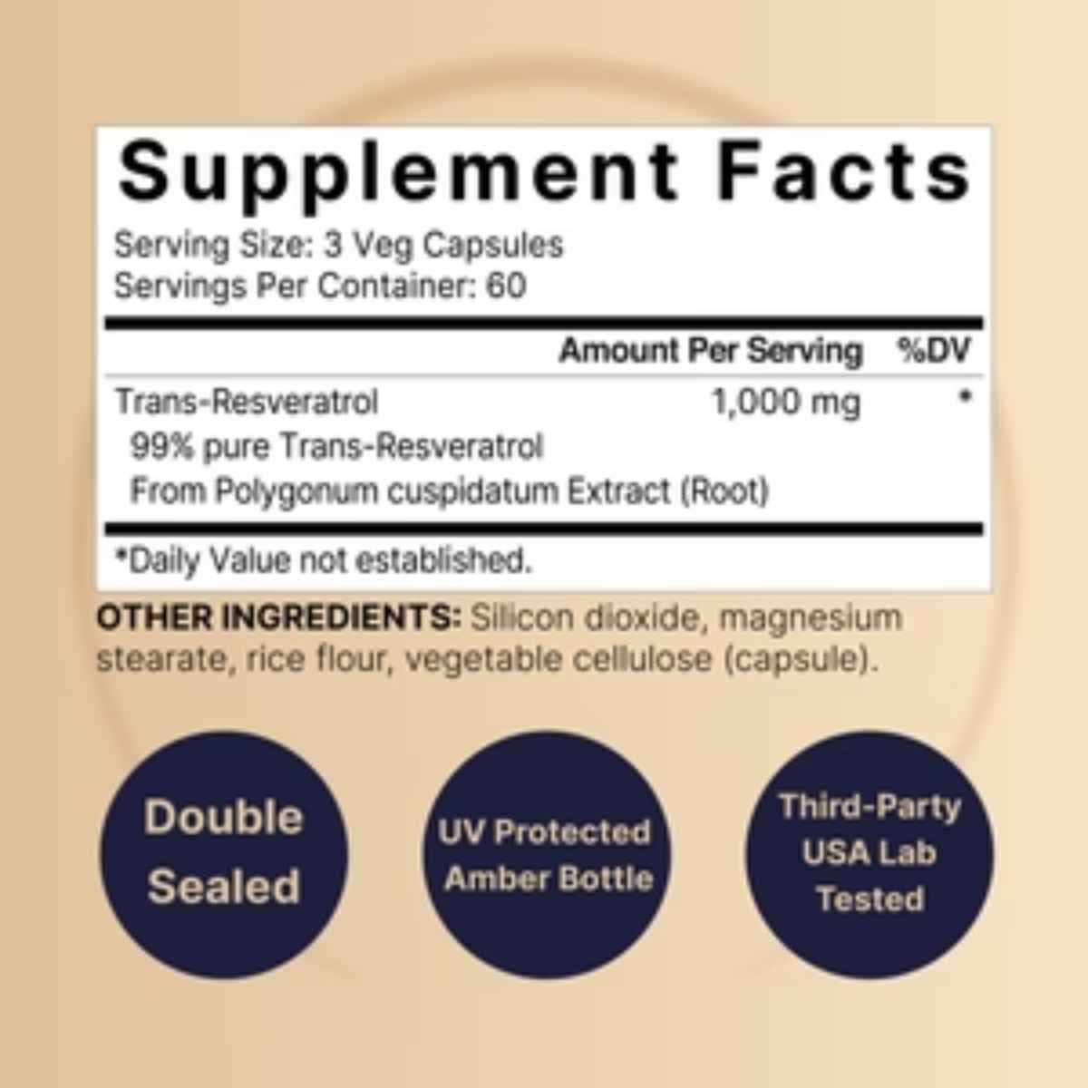 Etiqueta de ingredientes de NatureBell Resveratrol 1000 mg con información del suplemento y otros ingredientes.