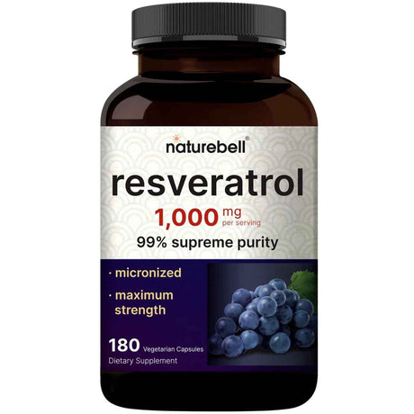 Frasco frontal de NatureBell Resveratrol 1000 mg, presentación de 180 cápsulas vegetales.