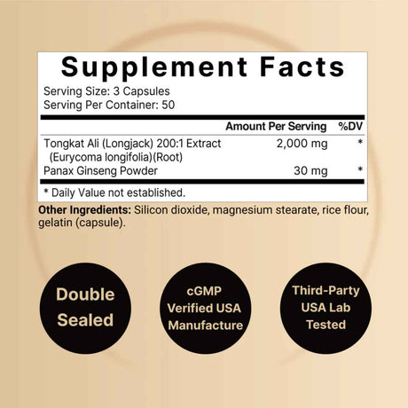 Tabla nutricional del suplemento NatureBell Tongkat Ali 200:1 150 cápsulas