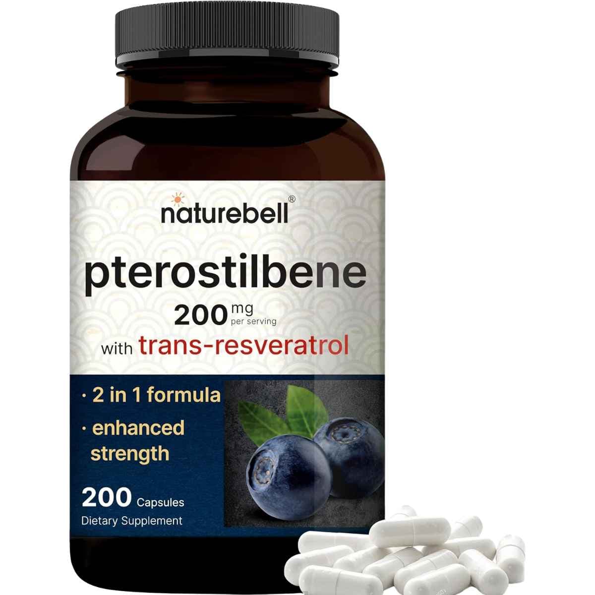 Frasco de suplemento NatureBell Trans-Pterostilbeno 200 mg 200 cápsulas