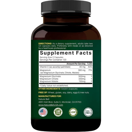 Información del suplemento de NatureBell de triple de magnesio 240 cápsulas