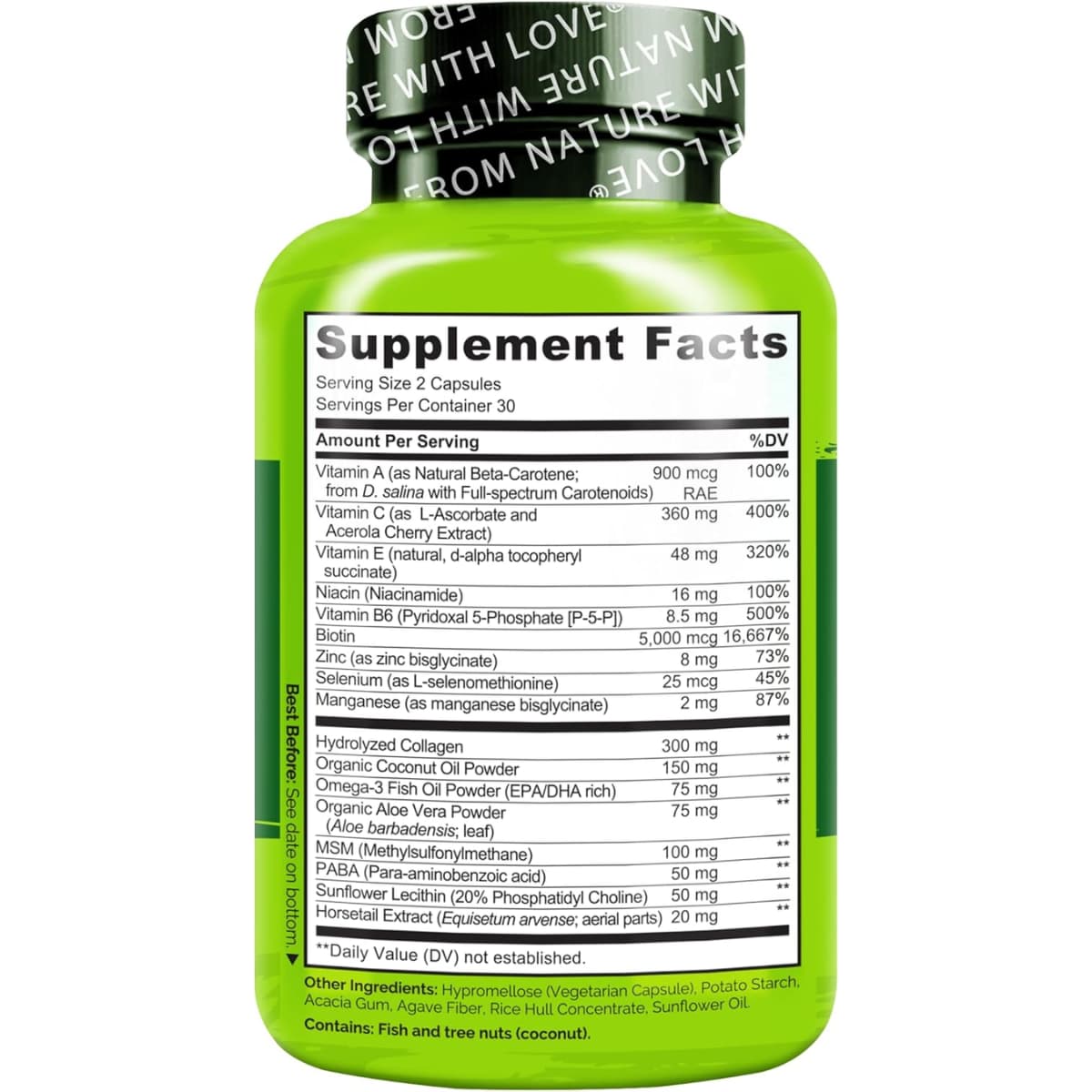Tabla nutricional del suplemento Naturelo Biotina y Colágeno 60 cápsulas