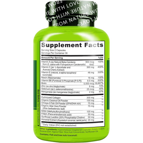 Tabla nutricional del suplemento Naturelo Biotina y Colágeno 60 cápsulas