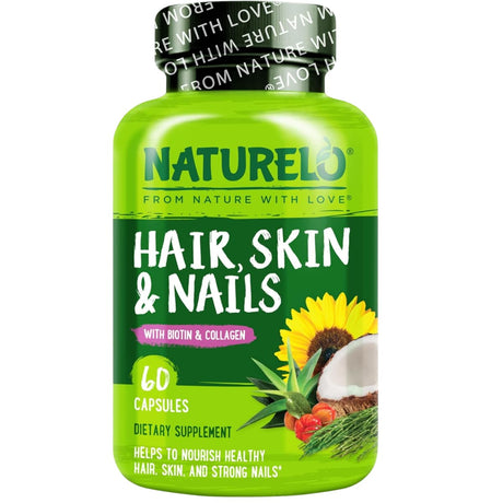 Frasco de suplemento Naturelo Biotina y Colágeno 60 cápsulas