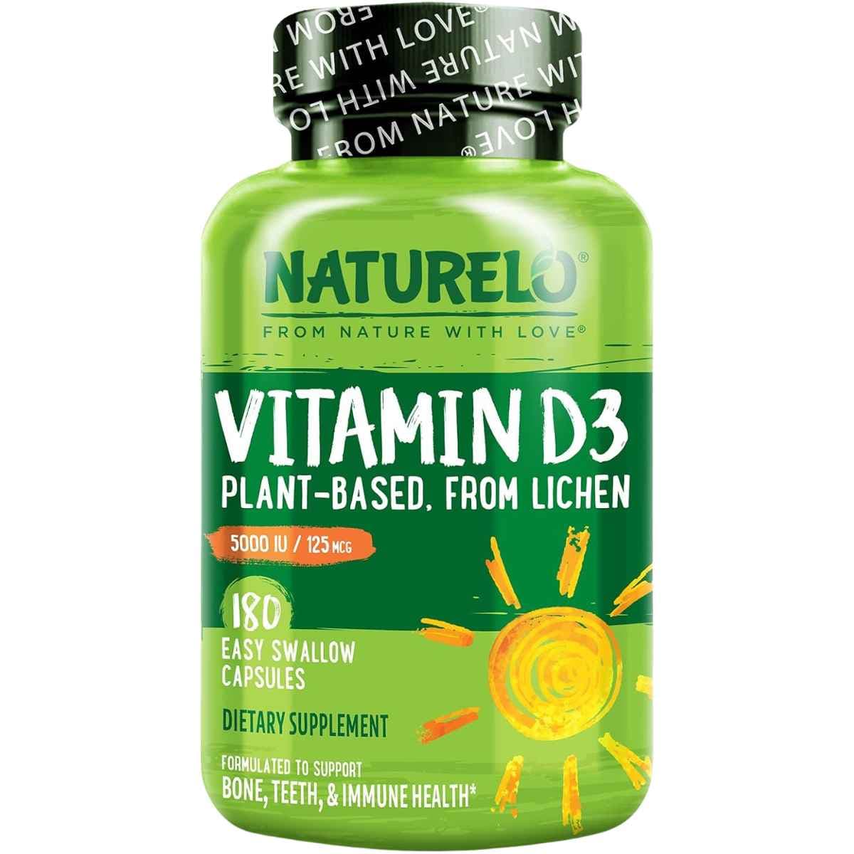 Frasco de suplemento Naturelo Vitamina D3 de Origen Vegetal 5000 UI 180 Cápsulas