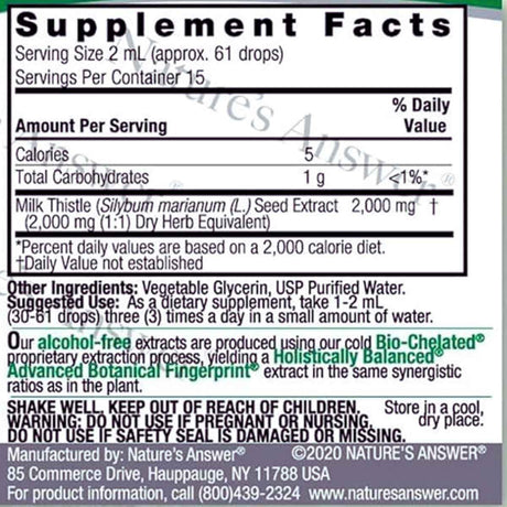 Tabla nutricional del suplemento Nature's Answer Extracto de Semilla de Cardo Mariano 30 ml
