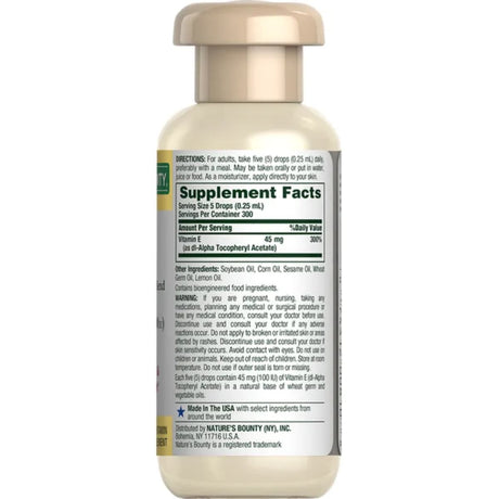 Tabla nutricional del suplemento Nature's Bounty Aceite de Vitamina E 74 ml