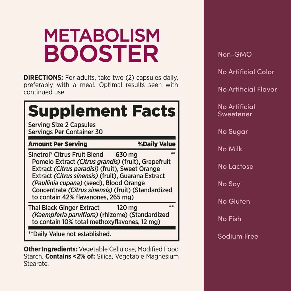 Tabla nutricional del suplemento Nature's Bounty Acelerador del Metabolismo 60 cápsulas