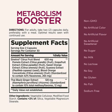 Tabla nutricional del suplemento Nature's Bounty Acelerador del Metabolismo 60 cápsulas