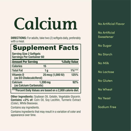 Tabla nutricional del suplemento Nature's Bounty Carbonato de Calcio más Vitamina D3 1200 mg 120 cápsulas blandas