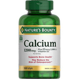 Frasco de suplemento Nature's Bounty Carbonato de Calcio más Vitamina D3 1200 mg 120 cápsulas blandas