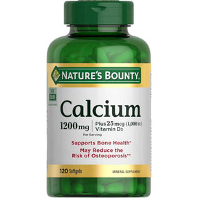 Frasco de suplemento Nature's Bounty Carbonato de Calcio más Vitamina D3 1200 mg 120 cápsulas blandas