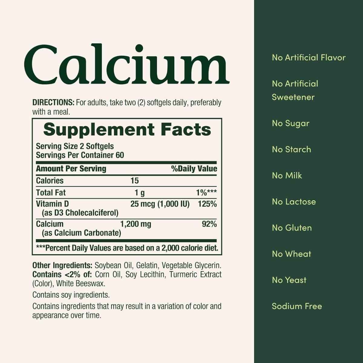 Tabla nutricional del suplemento Nature's Bounty Carbonato de Calcio más Vitamina D3 1200 mg 220 cápsulas blandas