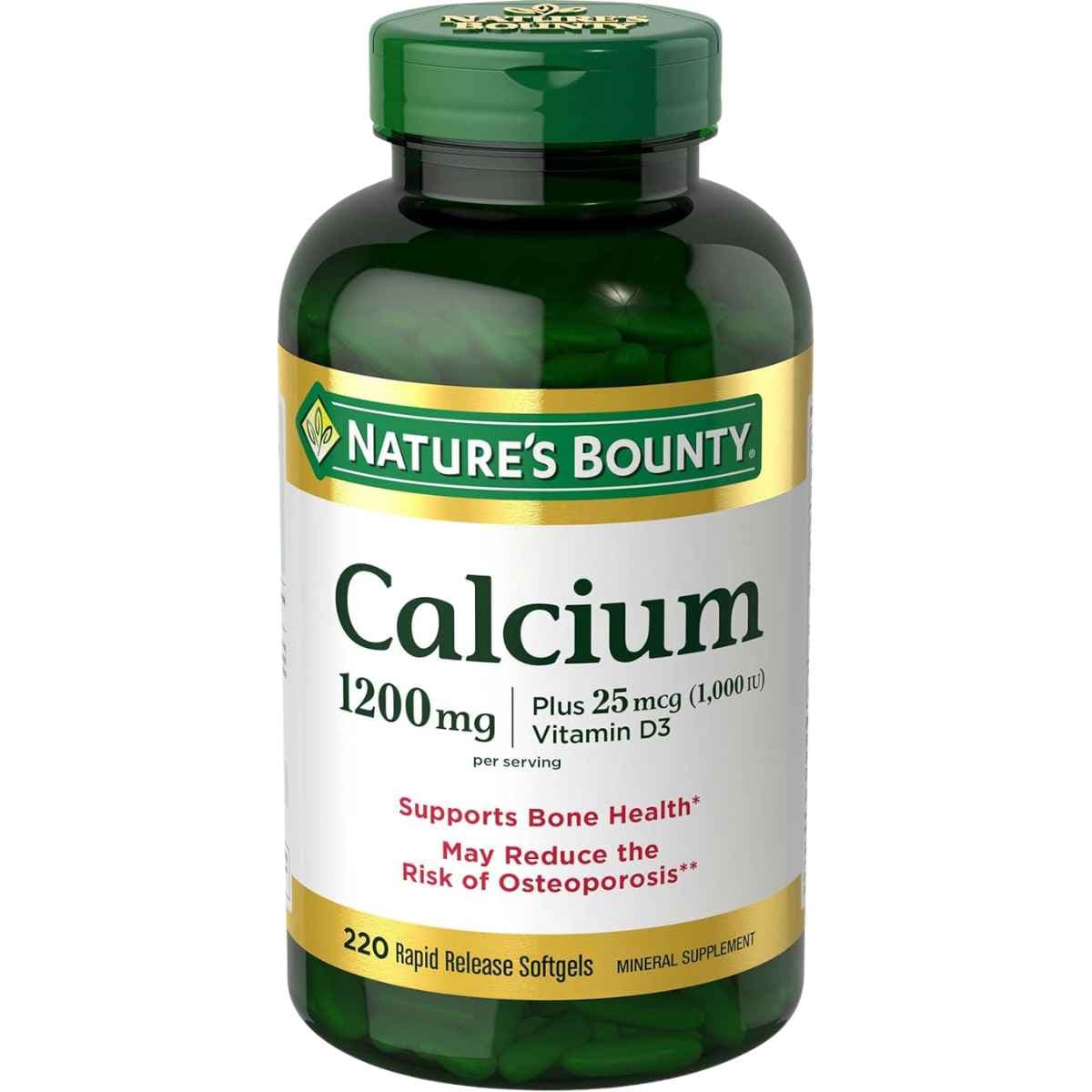 Frasco de suplemento Nature's Bounty Carbonato de Calcio más Vitamina D3 1200 mg 220 cápsulas blandas