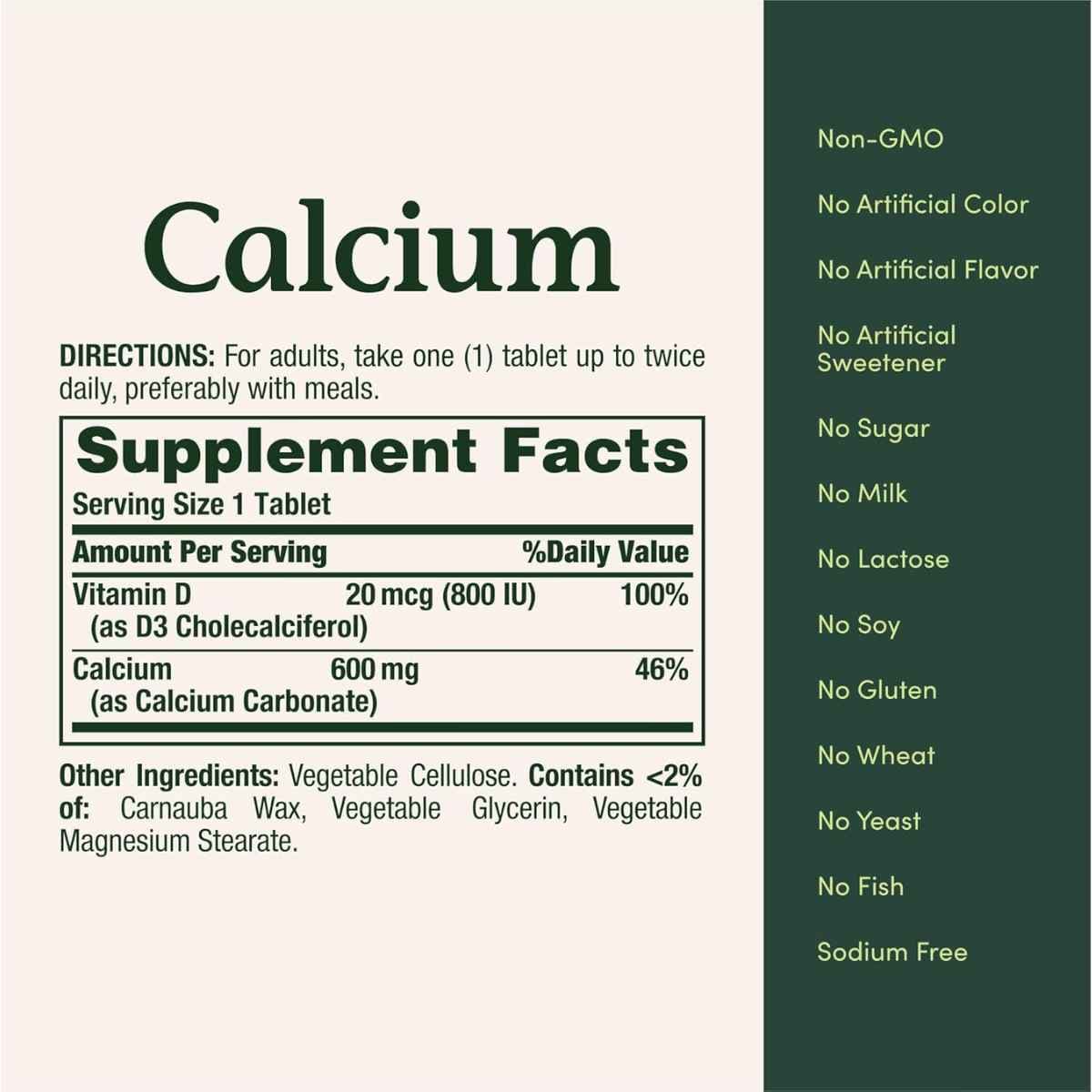 Tabla nutricional del suplemento Nature's Bounty Carbonato de Calcio con Vitamina D3 250 Tabletas