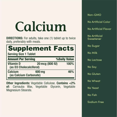 Tabla nutricional del suplemento Nature's Bounty Carbonato de Calcio con Vitamina D3 250 Tabletas