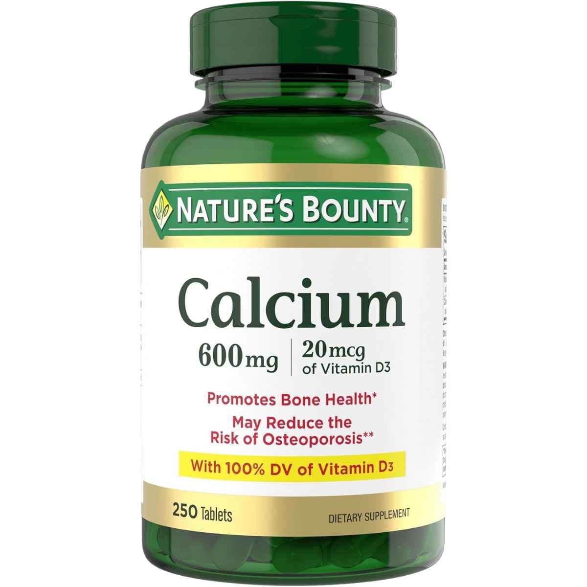 Frasco de suplemento Nature's Bounty Carbonato de Calcio con Vitamina D3 250 Tabletas