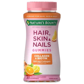 Frasco frontal de Nature's Bounty colágeno y biotina en gomitas sabor cítrico tropical, presentación de 80 gomitas.