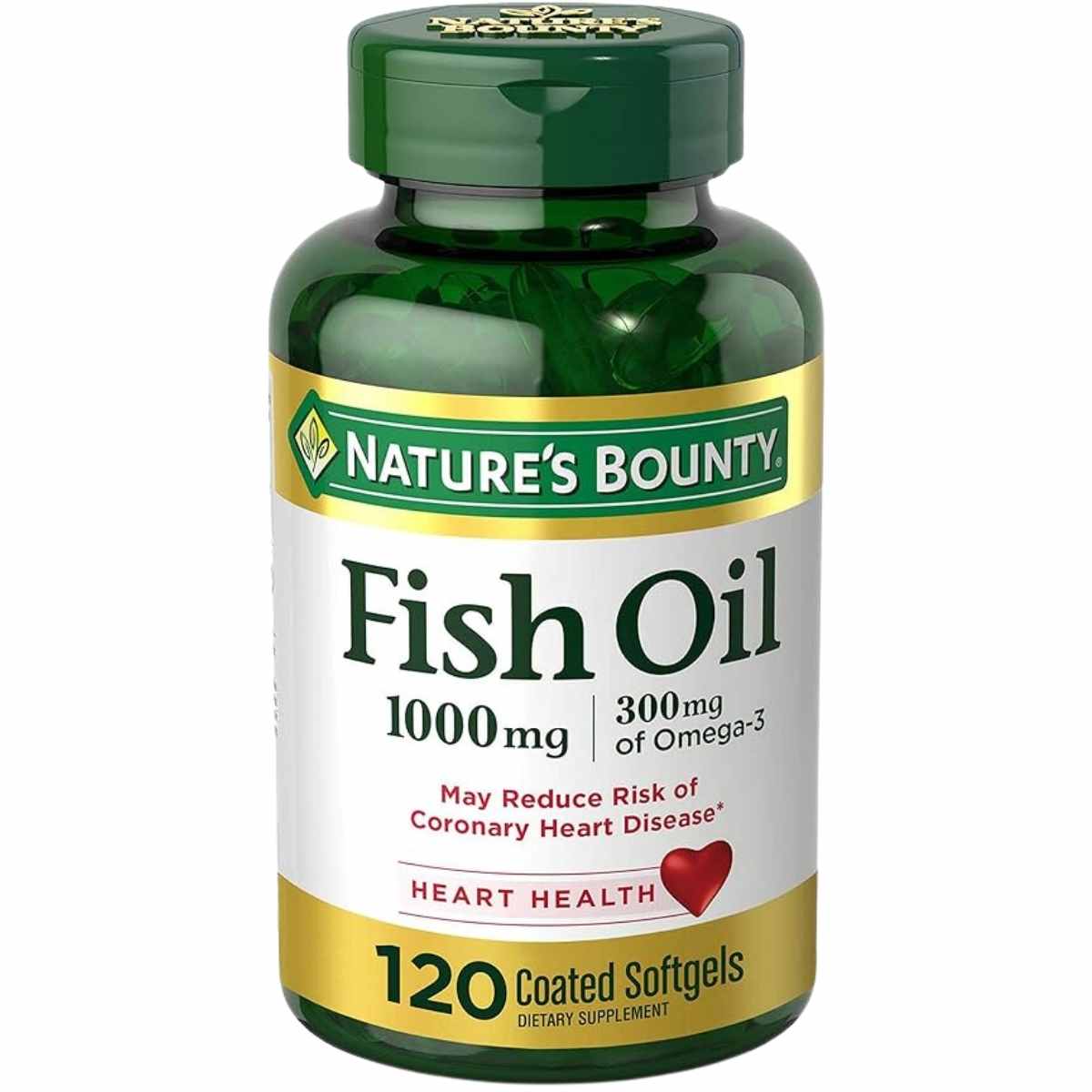 Frasco frontal de Nature's Bounty Fish Oil 1000 mg con 300 mg de Omega 3, 120 cápsulas blandas