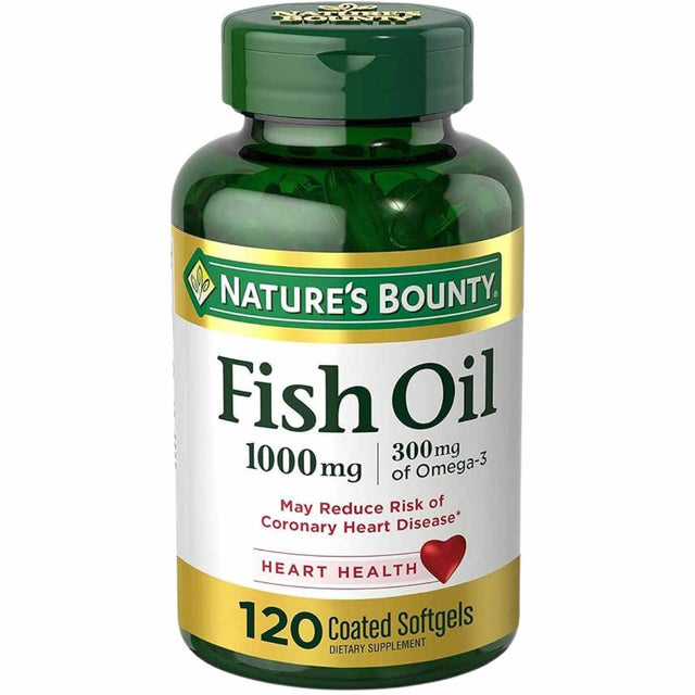 Frasco frontal de Nature's Bounty Fish Oil 1000 mg con 300 mg de Omega 3, 120 cápsulas blandas