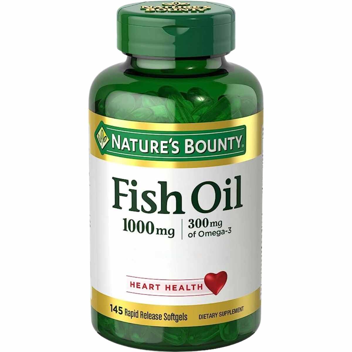Frasco frontal de Nature's Bounty Fish Oil 1000 mg con 300 mg de Omega 3, 145 cápsulas Rapid Release