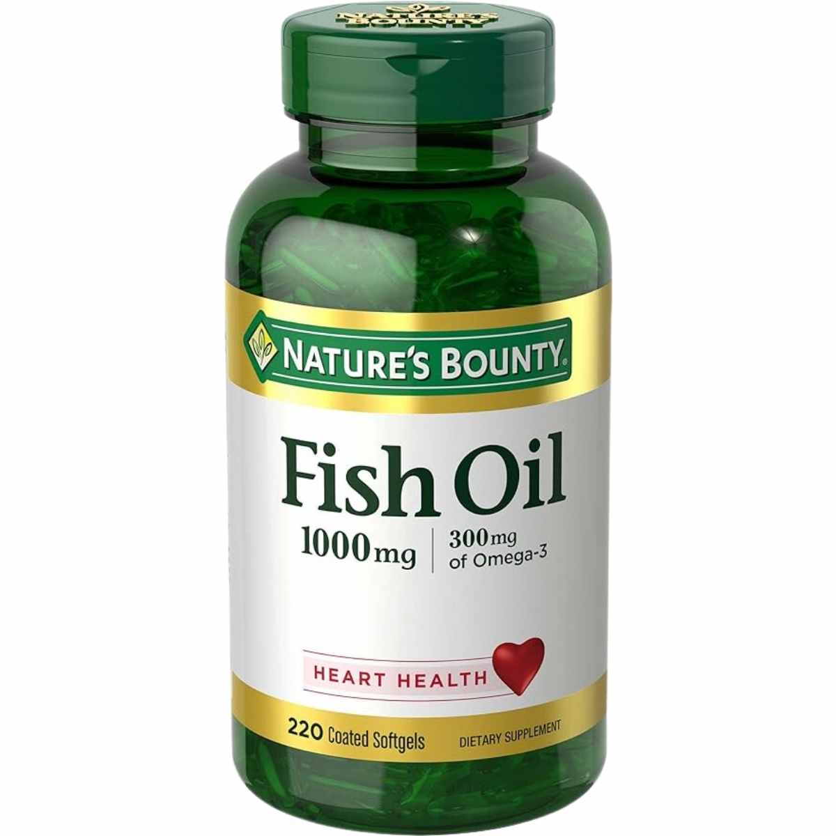 Frasco frontal de Nature's Bounty Fish Oil 1000 mg con 300 mg de Omega 3, 220 cápsulas blandas